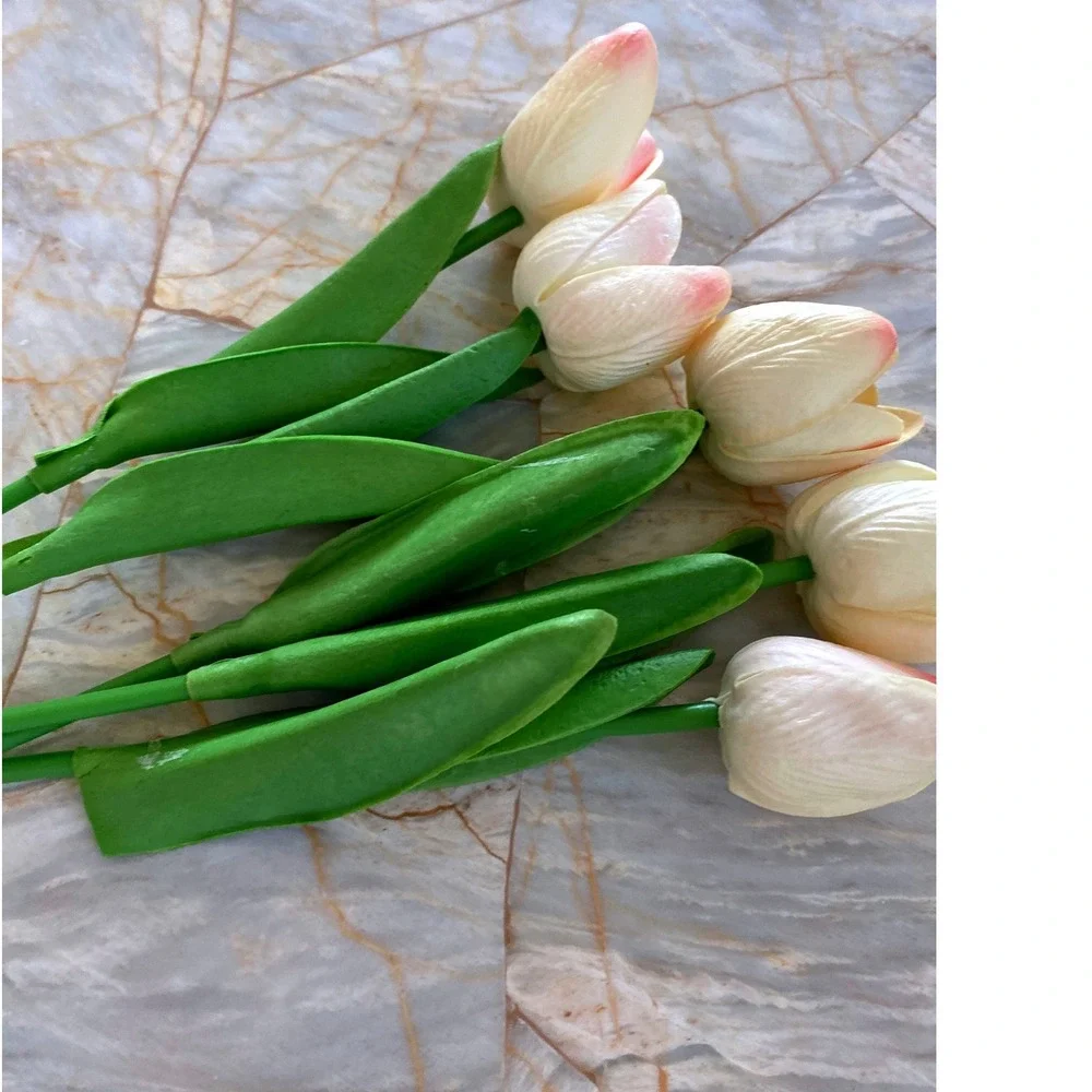 5 Piece Artificial Tulip Stems Cream Pink Faux Silk Flowers Spring Home Decor
